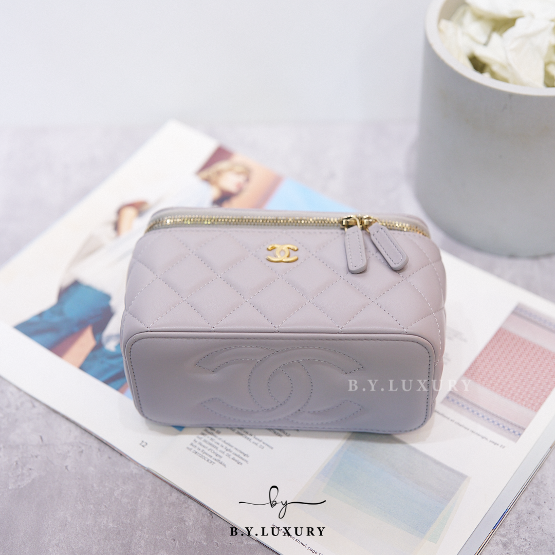 閑置品 CHANEL Vanity case 長盒子 盒子包 小羊皮 灰色 金球 AP2303