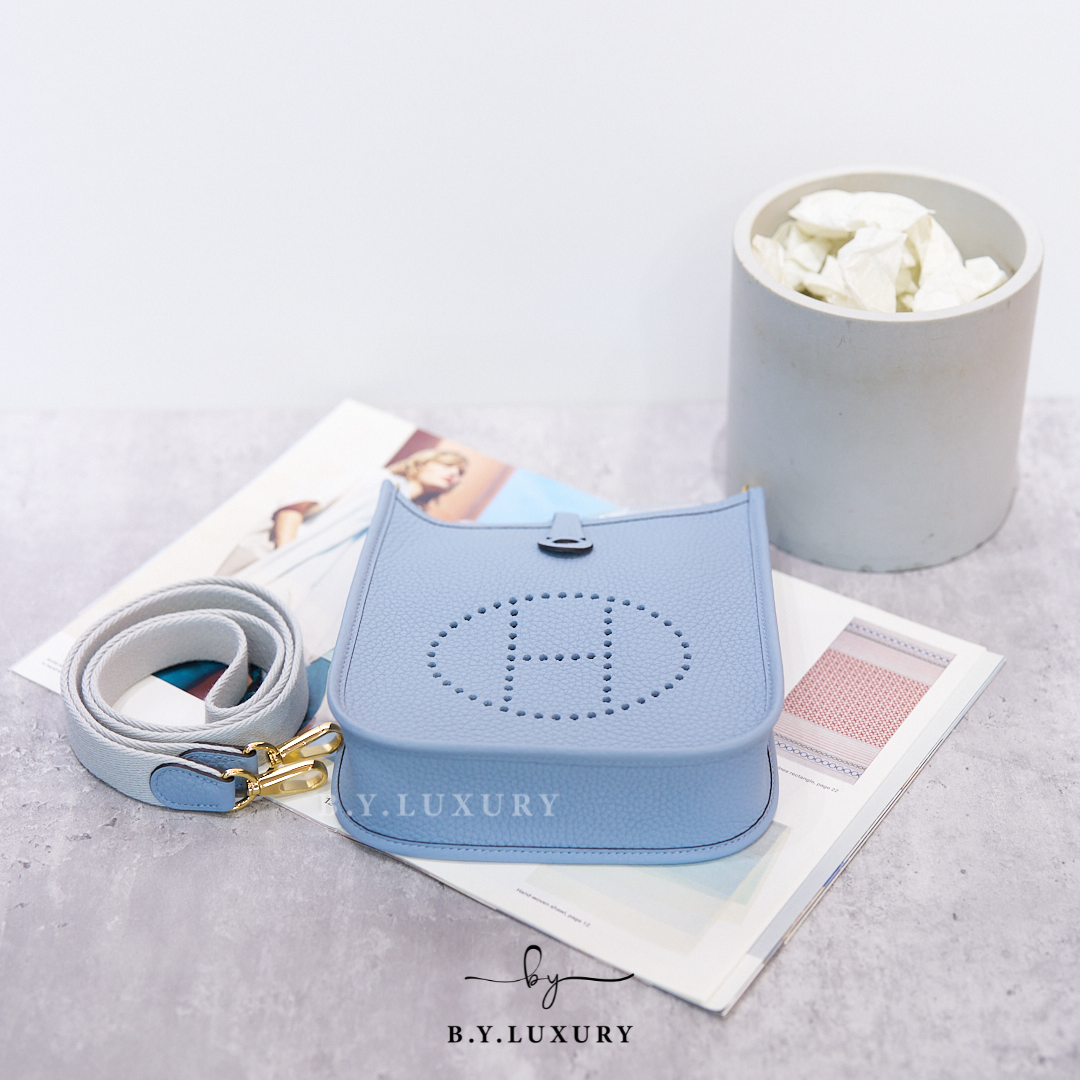 全新現貨 HERMES mini Evelyne TC J7 Bleu Lin GHW 亞麻藍 金扣