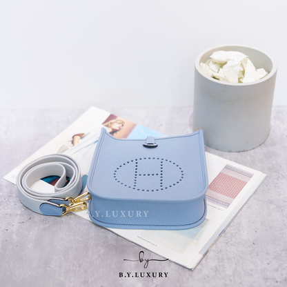 全新現貨 HERMES mini Evelyne TC J7 Bleu Lin GHW 亞麻藍 金扣