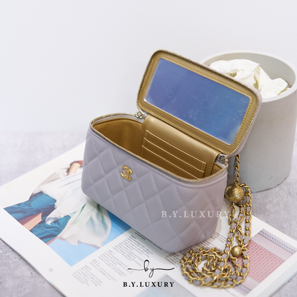 閑置品 CHANEL Vanity case 長盒子 盒子包 小羊皮 灰色 金球 AP2303