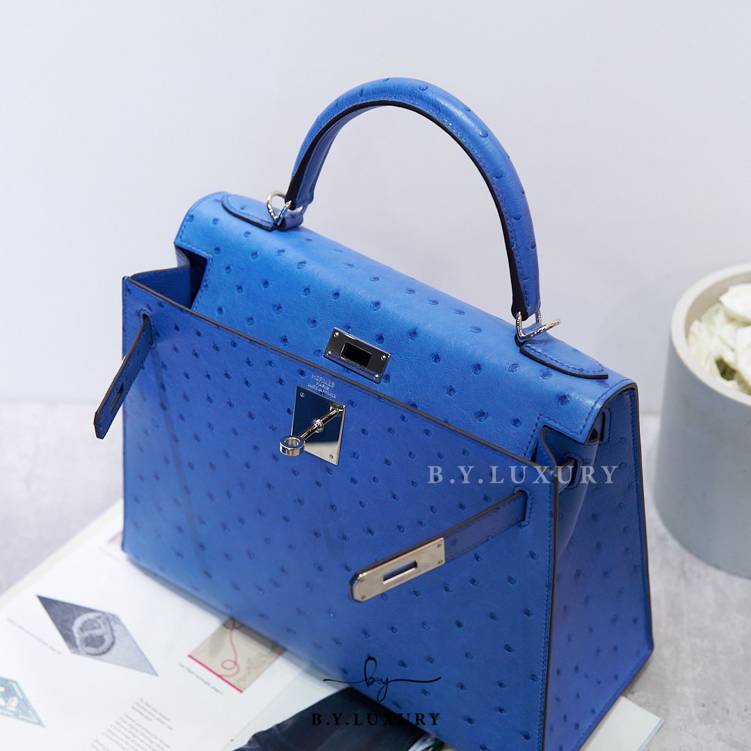 閑置品 HERMES Kelly 28 Ostrich Bleu Mykonos PHW