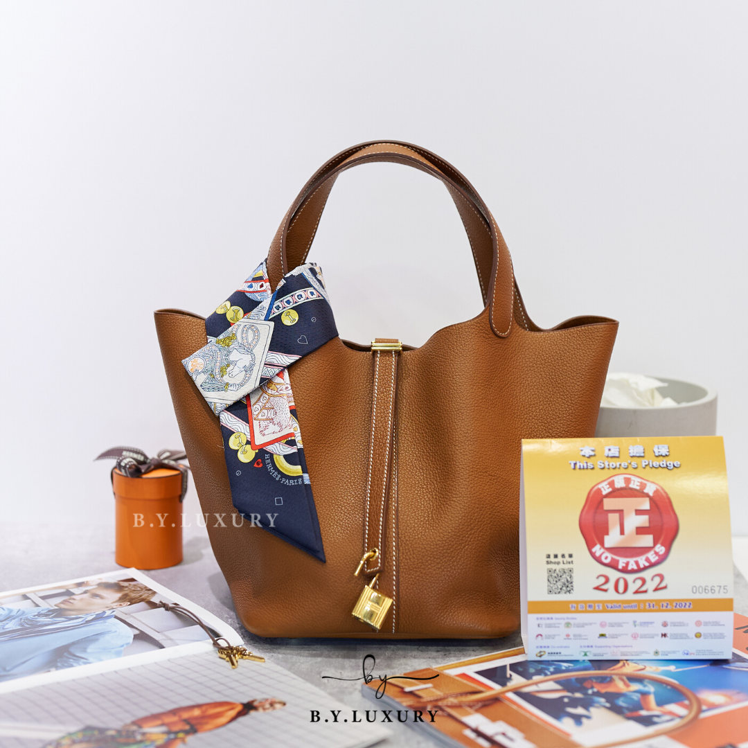 閑置品 HERMES Picotin 22 馬鞍皮 37 金棕色 金扣