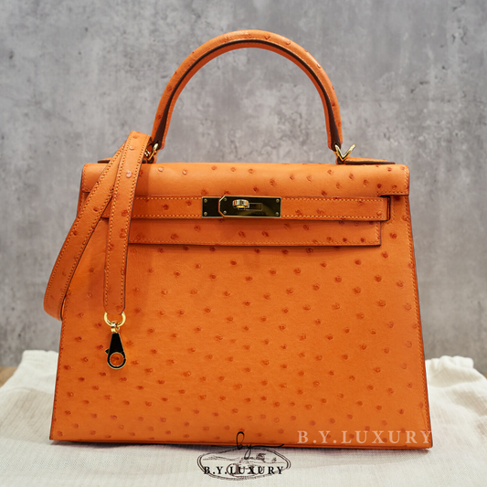 閑置品 HERMES Kelly 28 鴕鳥皮 93 橙色 金扣