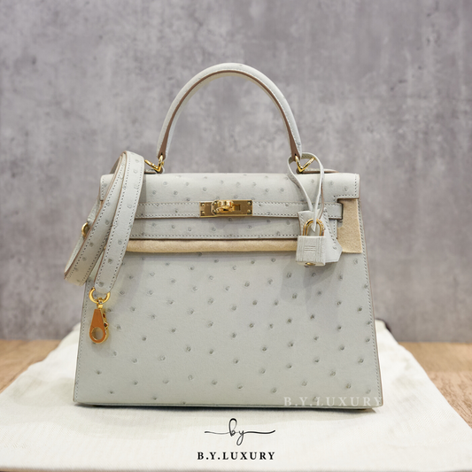 全新現貨 HERMES Kelly 25 鴕鳥皮 80 珍珠灰 金扣