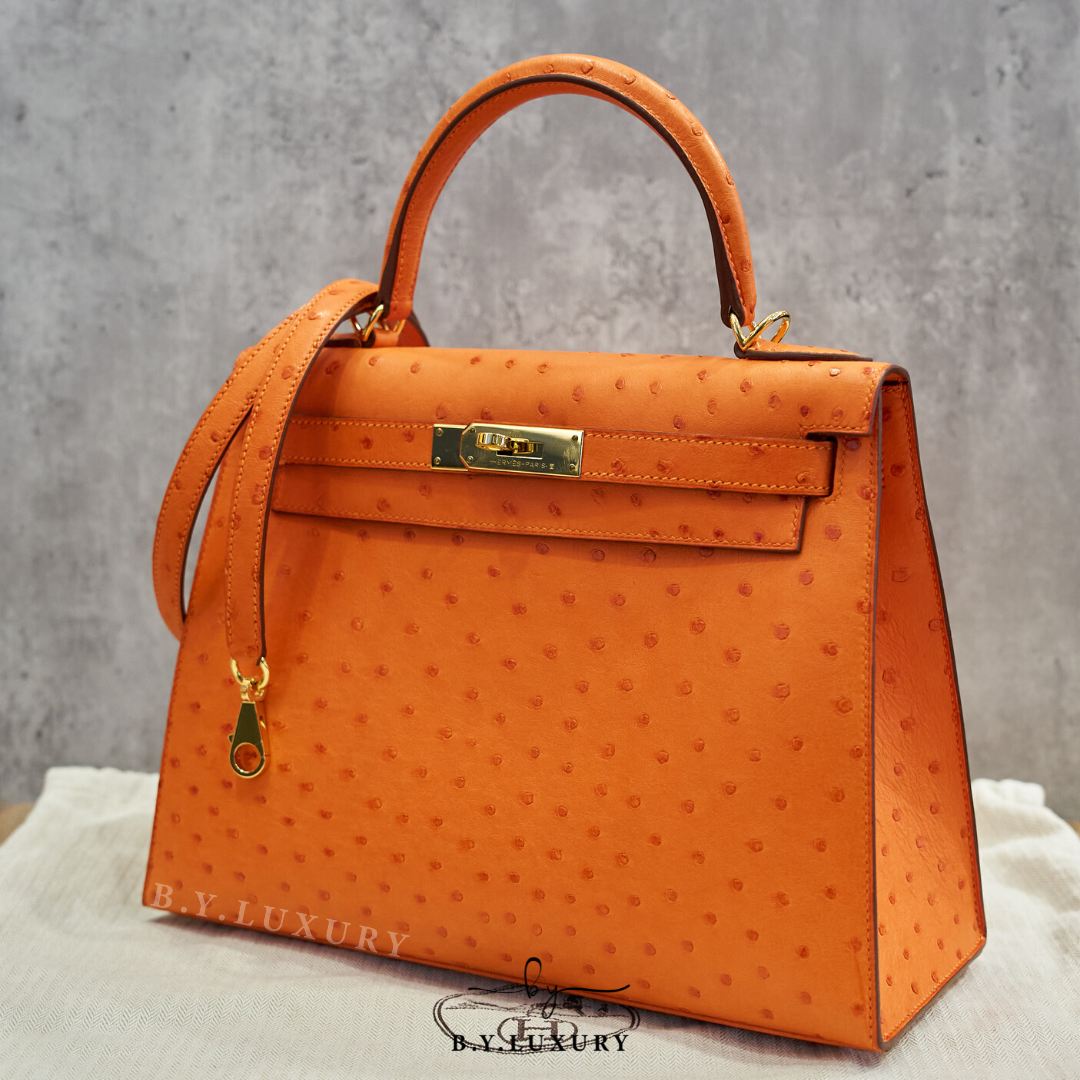 閑置品 HERMES Kelly 28 鴕鳥皮 93 橙色 金扣