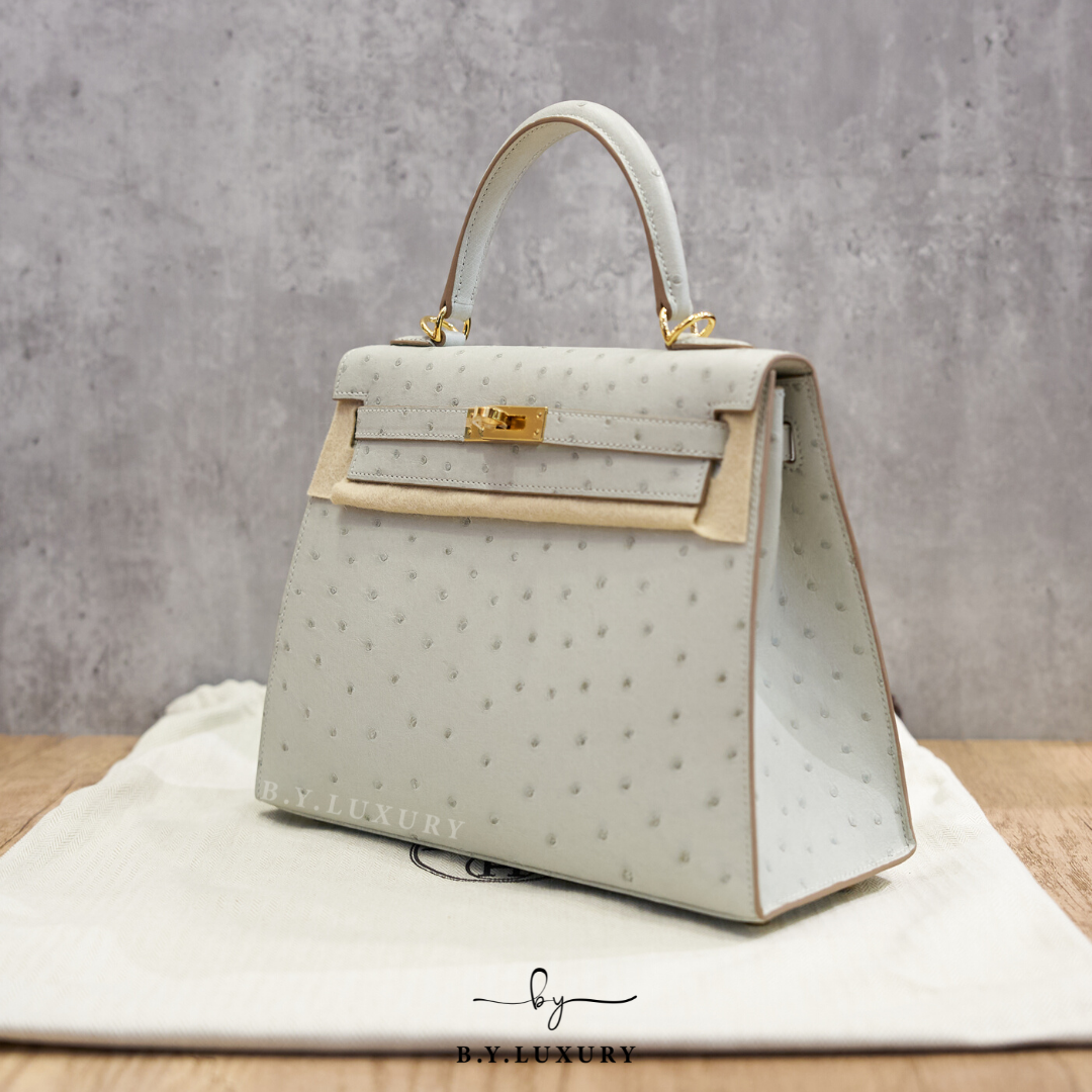 全新現貨 HERMES Kelly 25 鴕鳥皮 80 珍珠灰 金扣