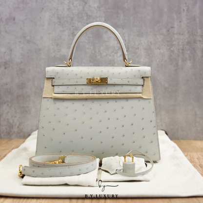 全新現貨 HERMES Kelly 25 鴕鳥皮 80 珍珠灰 金扣