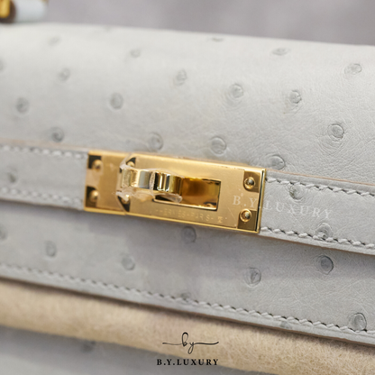 全新現貨 HERMES Kelly 25 鴕鳥皮 80 珍珠灰 金扣